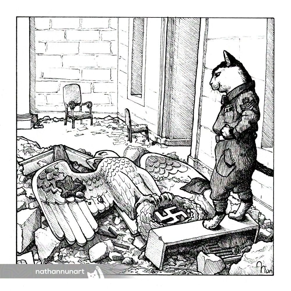 An ink drawing of a cat in British WW2 uniform. He stands amidst the ruins of the Reich Chancellery building looking down at a fallen Nazi eagle.