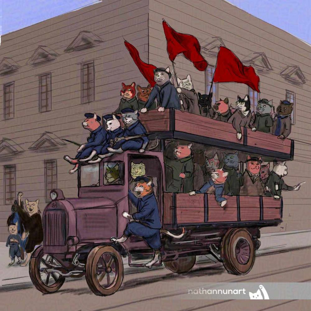 A large group of revolutionary cats travel on a double decker truck down a city road. The truck is packed with sailors, soldiers , and workers. At the top three cats hold aloft three large, red flags. Cats on the sidewalk in the background hold up paws in solidarity. 