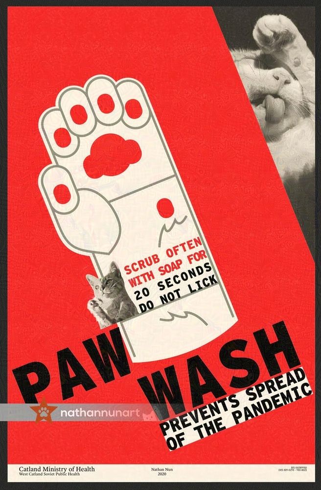A cat poster in the style of 1930s soviet constructivist propaganda. In center at on a diagonal is a stylized graphic of a large, white paw. In large bold black text reads: 