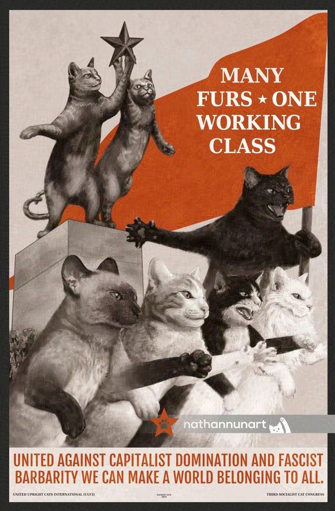 A cat poster in the style of a 1930s soviet propaganda poster. The poster is black and white except for a large, red flag held up by a black cat. It reads "Many Furs - One Working Class." Below the black cat, in a row looking forward, are four other cats of various types and fur colours with arms forward and claws out in an aggressive stance. Behind them is a statue of two cats holding up a star. The text below the image reads "United against capitalist domination and fascist barbarity we can make a world belonging to all." Small print at bottom reads "Third Socialist Cat Congress" and "United Upright Cats International (UUCI)". Nathan Nun 2019