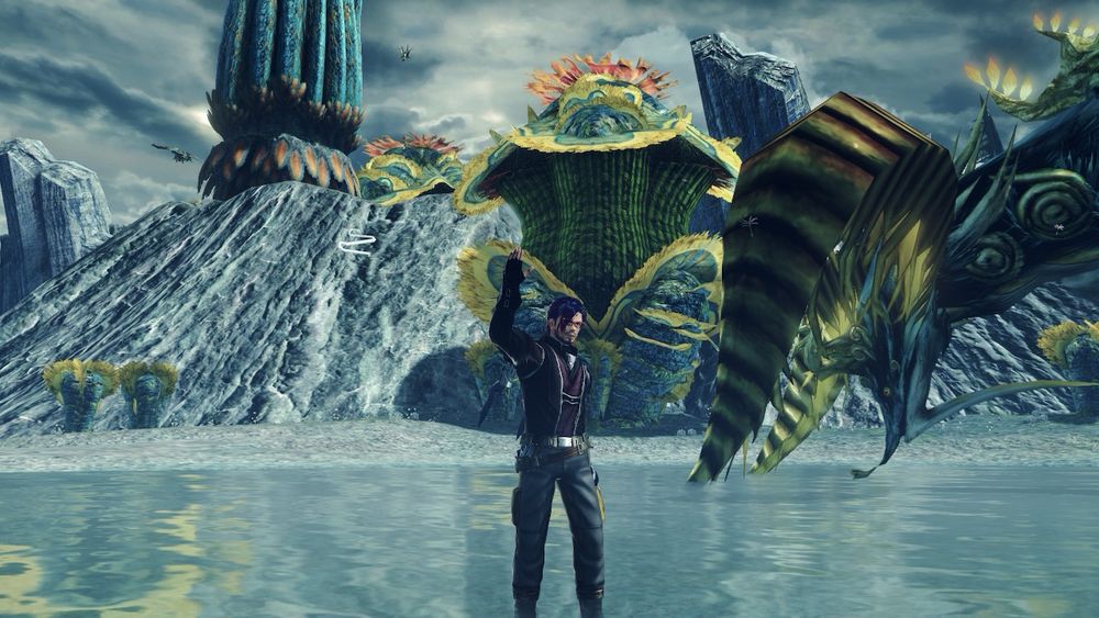 Screenshot of my Cross “Eden” from Xenoblade X. He’s waving to the camera while standing beside a Cervus