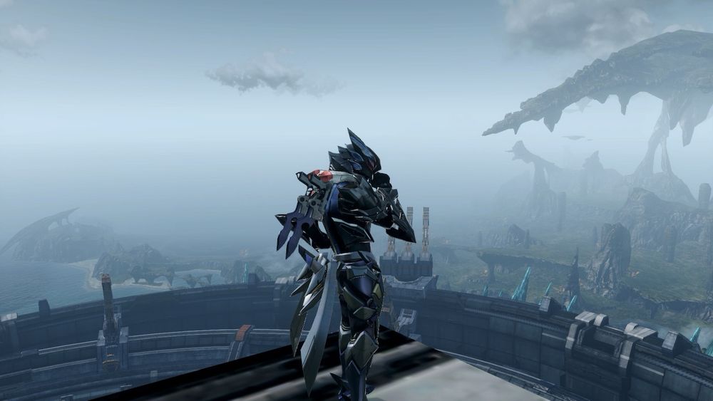 Screenshot of my Cross “Eden” from Xenoblade X, standing on a tower overlooking NLA and Primordia