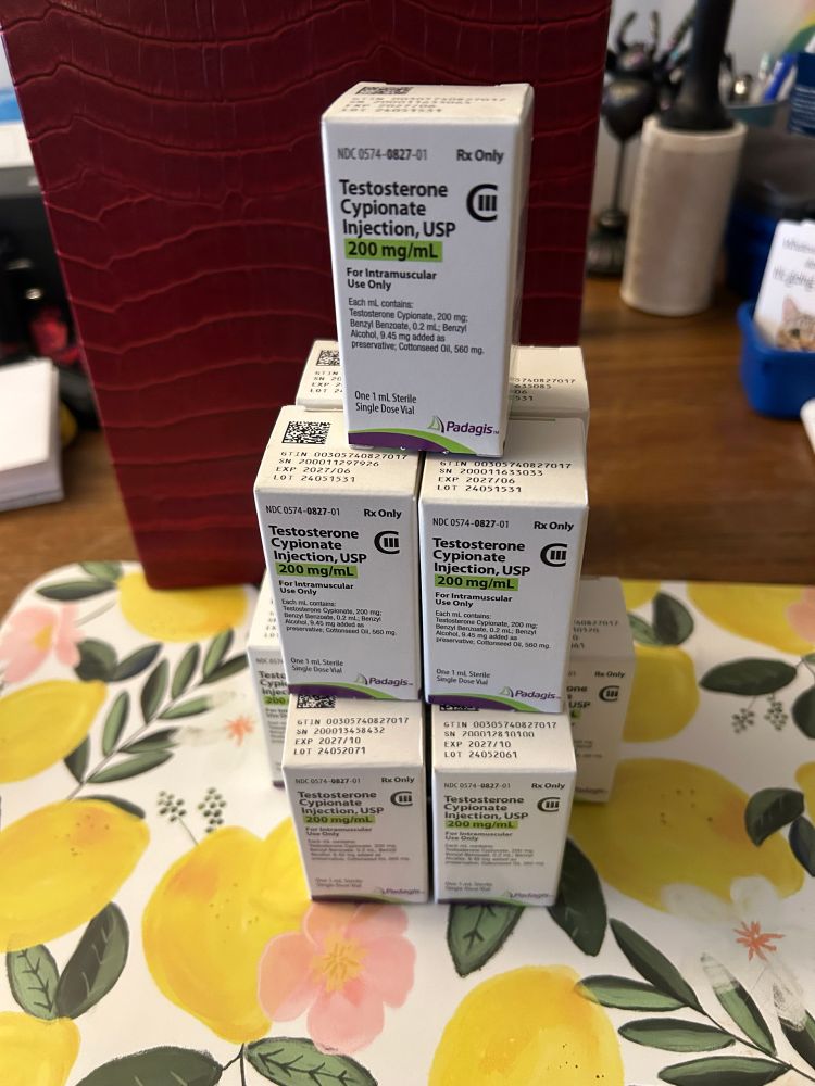 Behold the T Tower - boxes of testosterone vials stacked on top of each other in a pyramid.