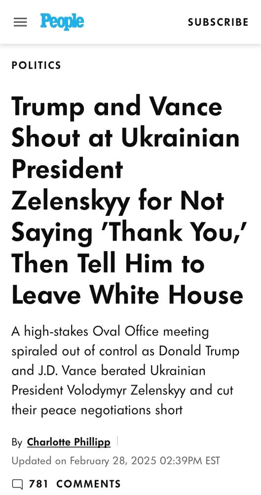 a People magazine article headline reads, "Trump and Vance Shout at Ukrainian President Zelenskyy for Not Saying 'Thank You,' Then Tell Him to Leave White House." Sub-headline reads, "A high-stakes Oval Office meeting spirals out of control as Donald Trump and J.D. Vance berated Ukrainian President Volodymyr Zelenskyy and cut their peace negotiations short."