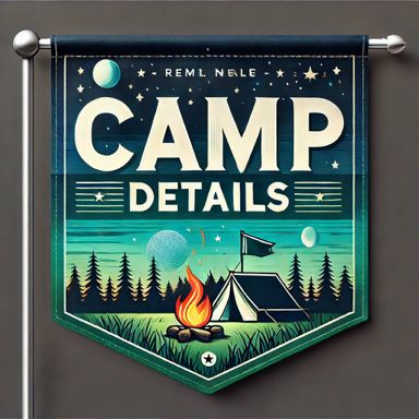 Banner Flag for Camp Details. Tent with fire in foreground 