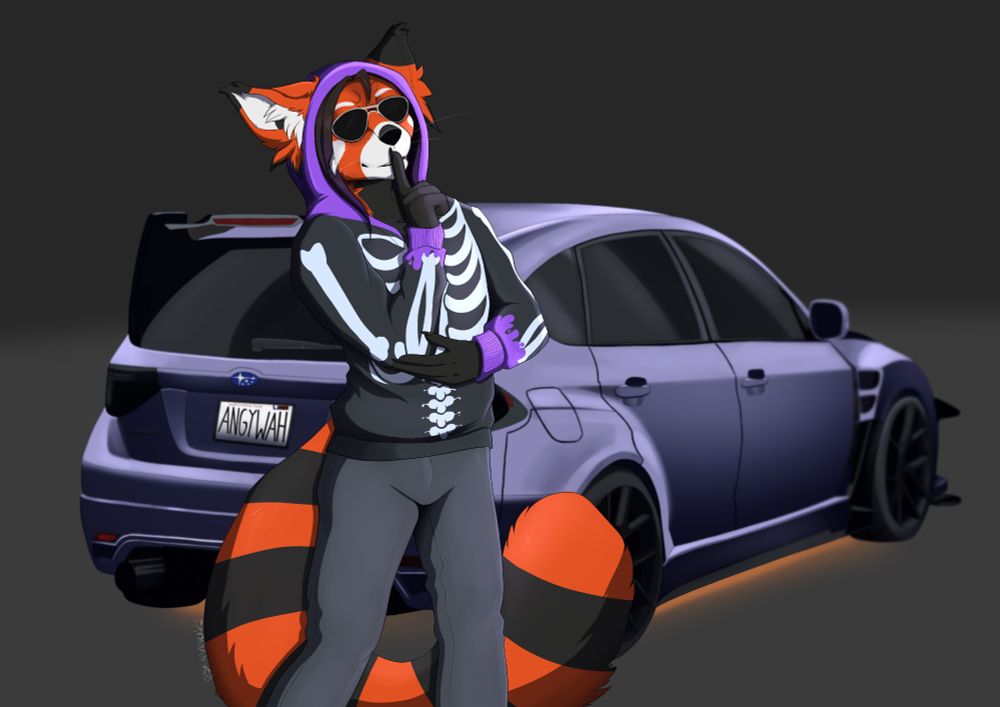 My character posed in front of a car making a very sassy 'shush' pose.