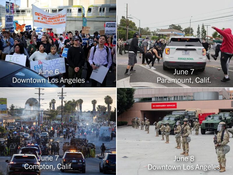 four pictures show protesters and soldiers in LA from June 6 to June 8, 2025