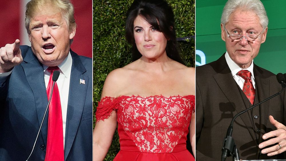 3 photos: (l to r) Donald Trump, Monica Lewinsky, Bill Clinton
