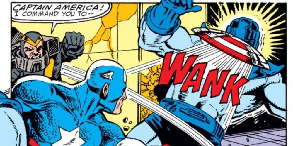 A panel from a Captain America Comic 

"Captain America! I command you to --"

*Wank*