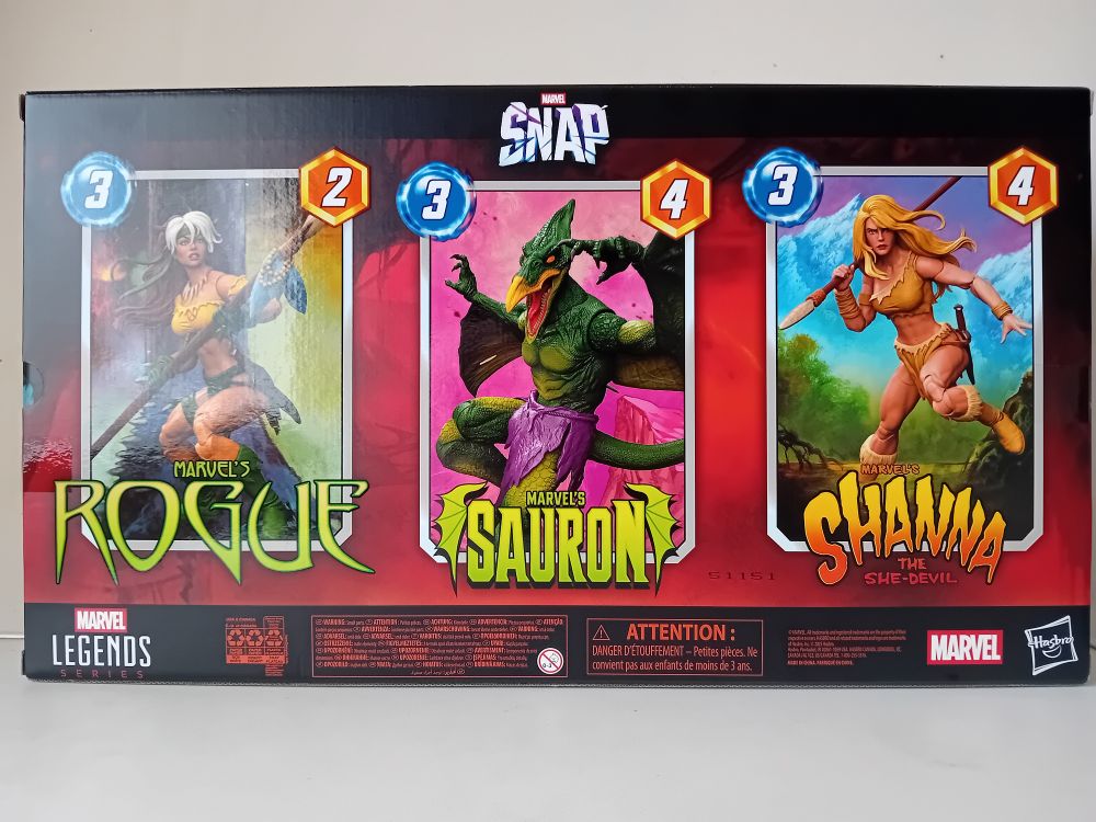 Marvel Legends Gamerverse: Marvel Snap Savage Land 3 pack - back of box showing the three figures (Shanna, Sauron and Rogue) in selected poses
