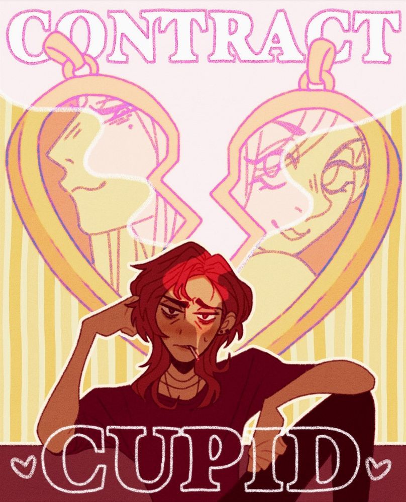 digital illustration of a woman smoking a cigarette; in the background are two pendants in the shape of a broken heart, each half containing the image of a woman's face. over the image are the words CONTRACT CUPID.