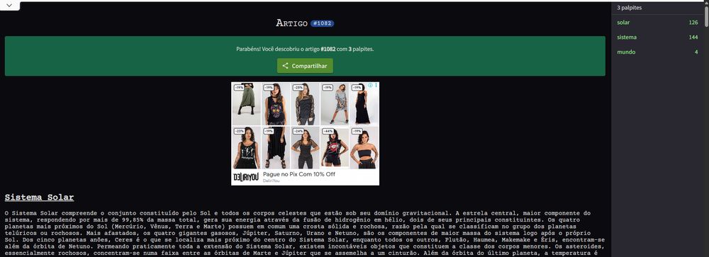 Print do jogo https://artigo.app/ onde eu usei três palpites (mundo, sistema e solar) pra descobrir que o título do artigo era Sistema Solar.