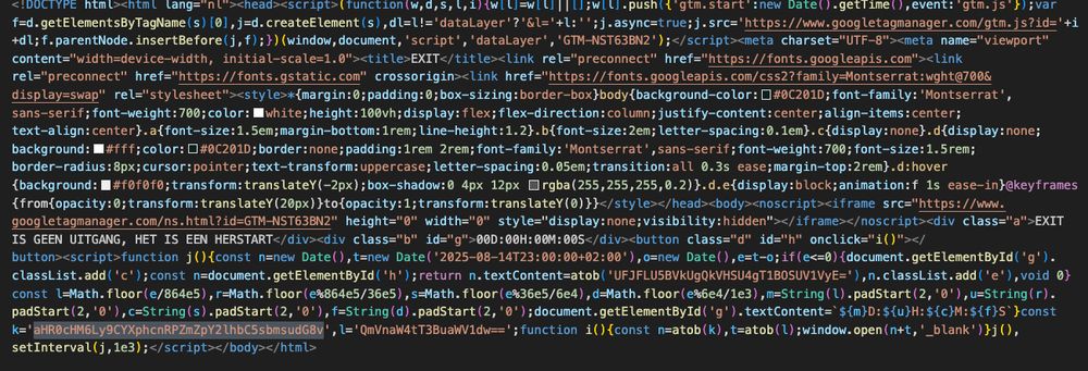 Broncode van ditisexit.be toont een paar stukjes tekst die in se onleesbaar zijn maar duidelijk klaar staan om door een stukje code gedecodeerd te worden. Bv 'aHR0cHM6Ly9CYXphcnRPZmZpY2lhbC5sbmsudG8v'