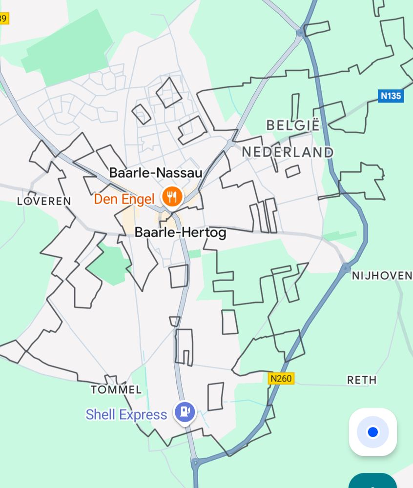 Screeenshot from Google Maps showing the very complex border between Belgium and the Netherlands at Baarle. A number of Belgian exclaves exist within the Netherlands, stemming from old land deals. Some of these exclaves themselves contain areas of Dutch territory.