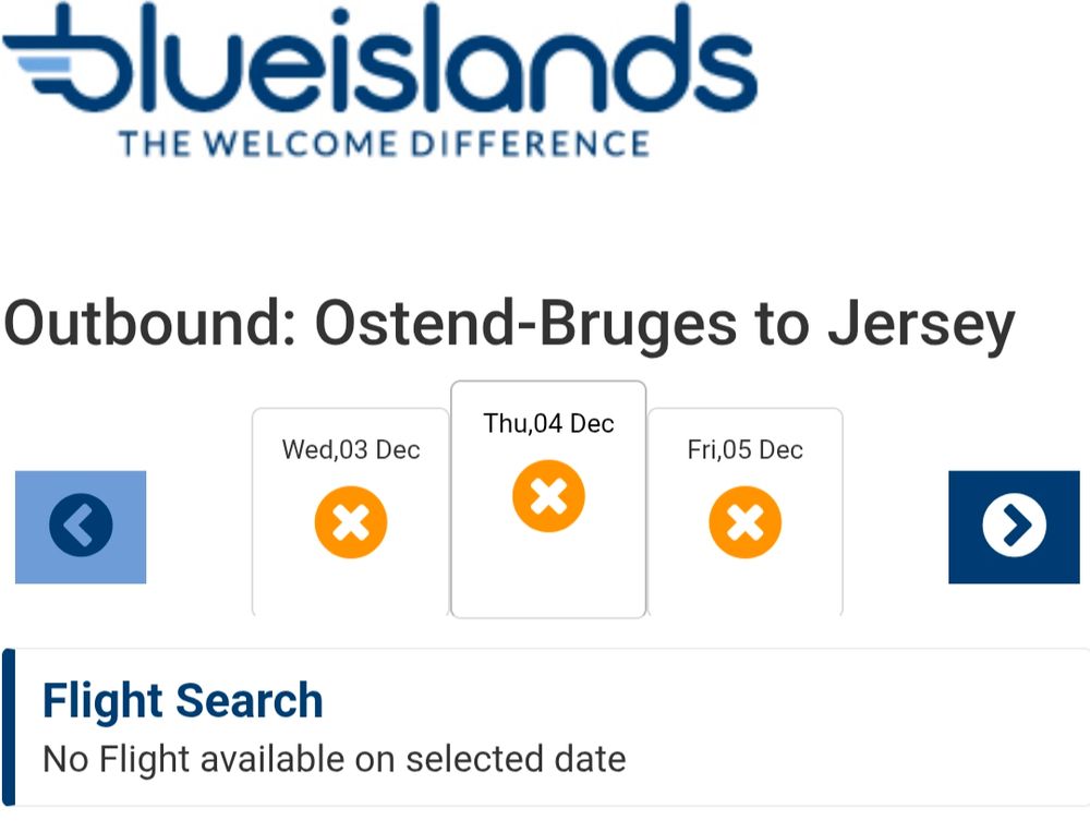 Screenshot from the Blue Islands booking engine, showing no flight available on December 4th 