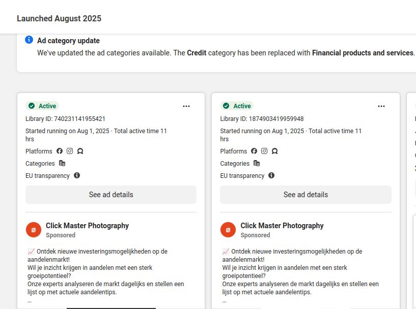 De Metya Ad Library toont twee actieve campagnes, beide gelinkt aan 'Click Master Photography'