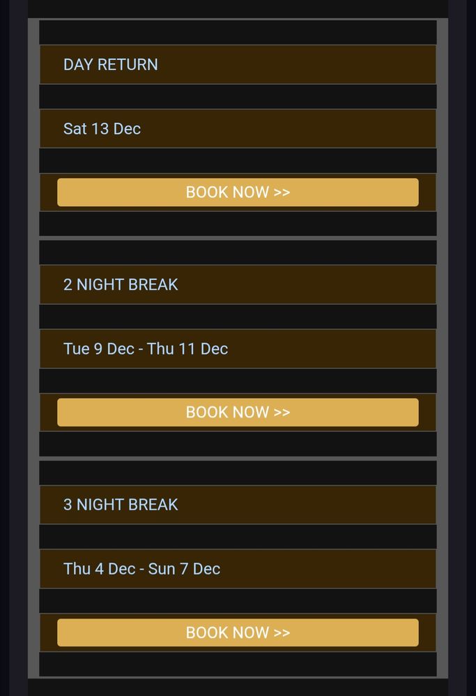 Mailing from Blue Islands showing a day return on December 3rd, a 2 night break on December 9th/11th and a 3 night break on December 4th/7th