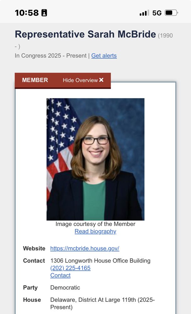Pic of contact info for Rep McBride at 1306 Longworth House Building in Washington, DC. 