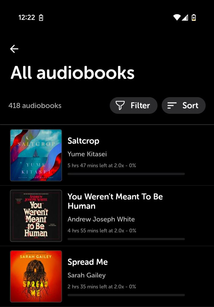 Three audiobooks on the Libro app: Saltcrop, You Weren't Meant To Be Human, Spread Me