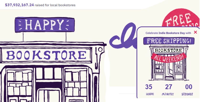 various info around a bookstore in a slightly cartoon style: 37million raised for local bookstores, Free Shipping All Weekend