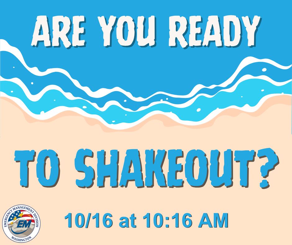 Colorful graphic of a wave on a sandy beach. Text reads, “Are you ready to shake out? October 16th at 10:16 AM.”