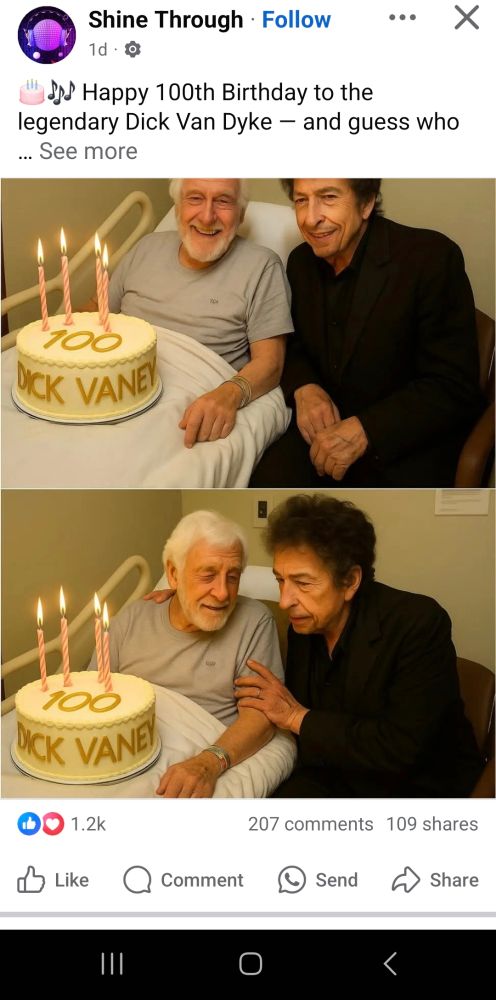 bad AI image supposedly of Bob Dylan visiting 'Dick Van Dyke' - eho looks NOTHING lile Dick Van Dyke - on his 100th birthday. Cake reads 'Dick Vaney'. 