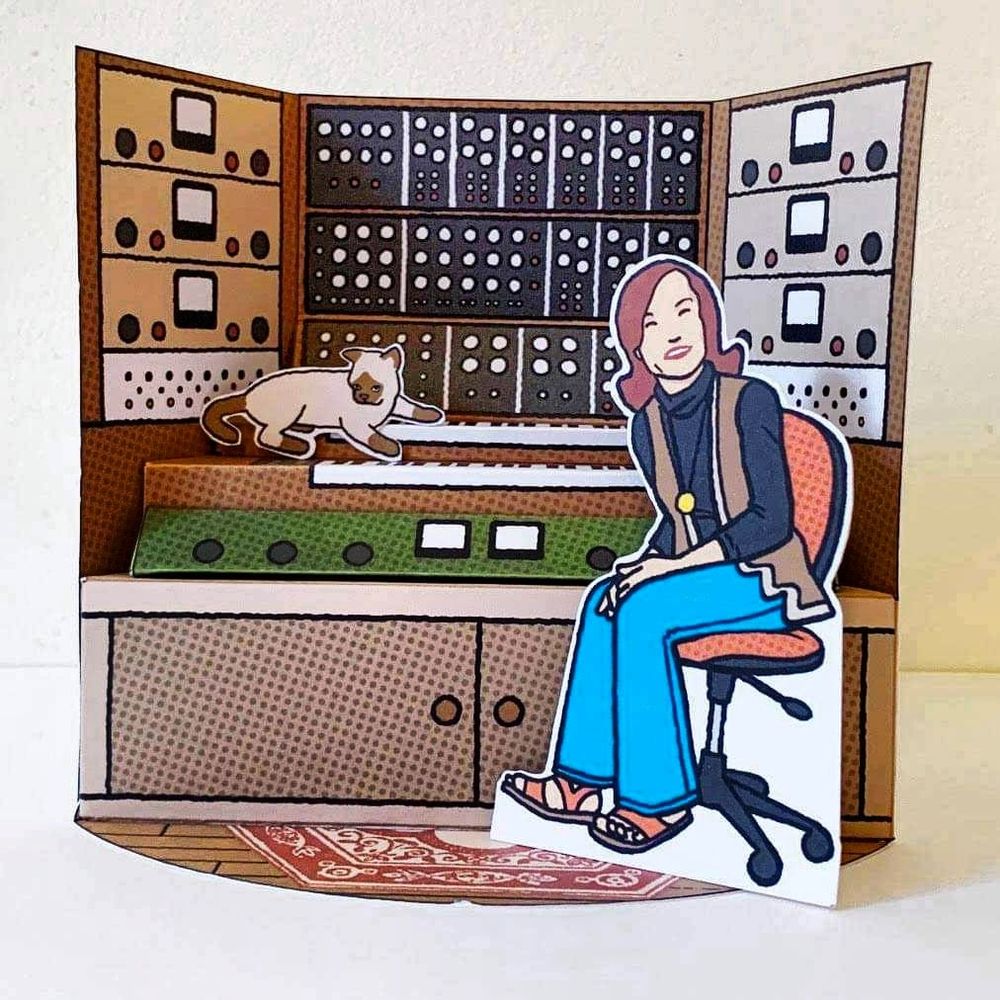 Wendy Carlos with moog and cat (moog and mog?) diorama