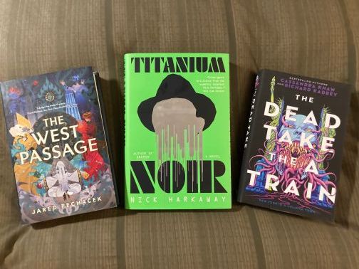 Book covers for The West Passage, Titanium Noir, and The Dead Take the A Train.