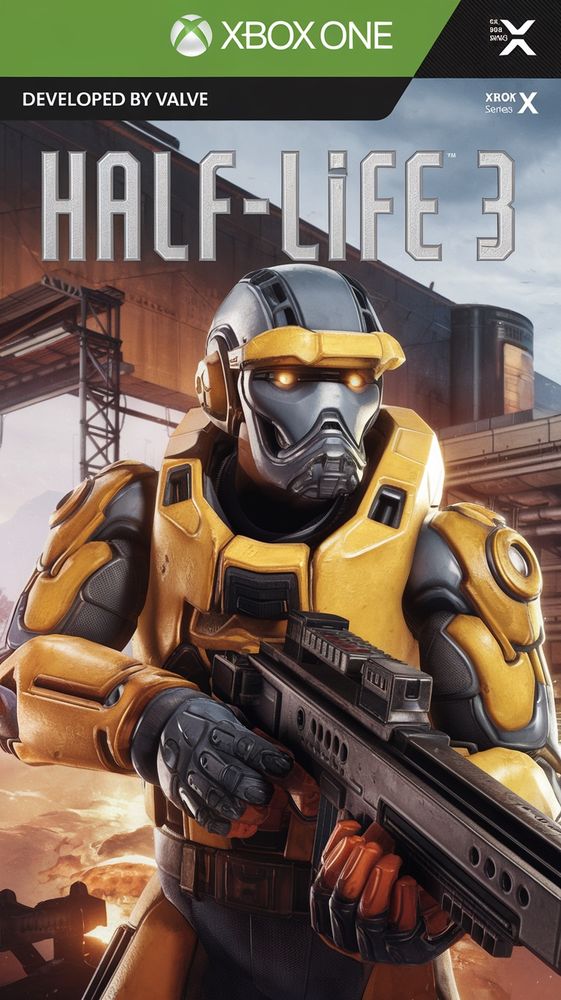 A game cover for "Half-Life 3" on the Xbox One Series X. The cover features the protagonist, Gordon Freeman, against a backdrop of the Black Mesa Research Facility. The text "Half-Life 3" is displayed at the top, with "Developed by Valve" at the bottom.