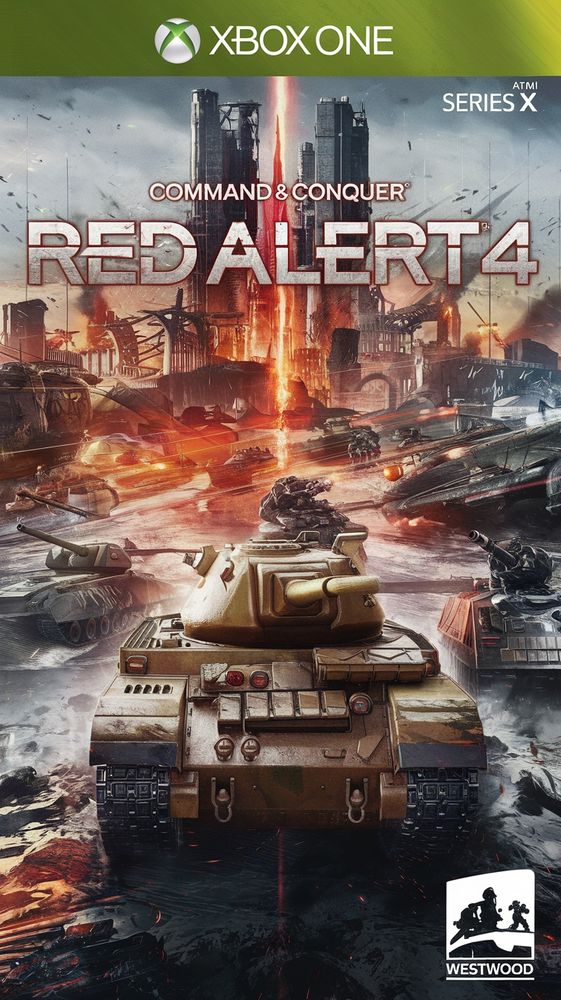 Prompt: An Xbox One Series X game cover for "Command & Conquer: Red Alert 4" by the game developer "Westwood".