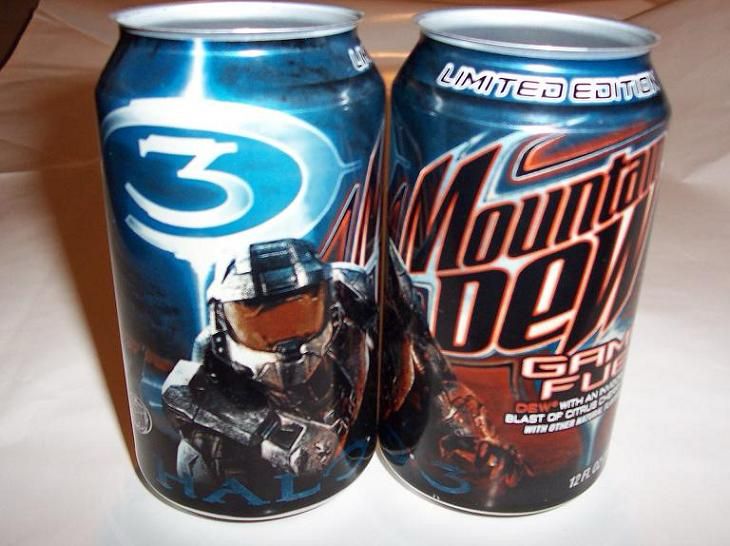 Two cans of a limited edition Halo 3 version of Mountain Dew