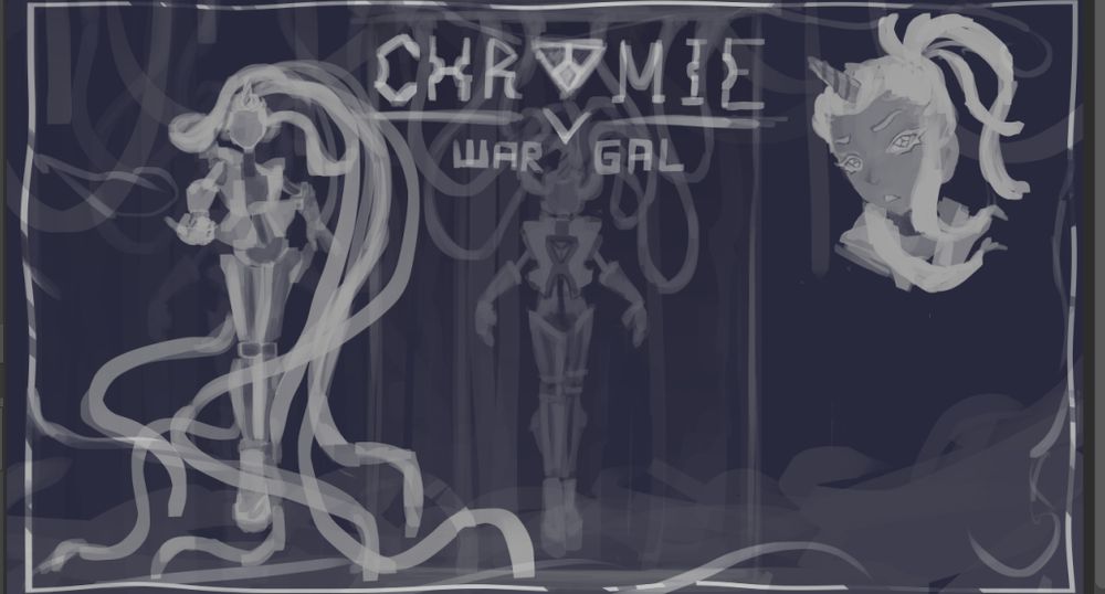 A monochromatic concept sheet titled "CHROMIE WAR GAL" shows a futuristic female cyborg with long, cable-like hair. It includes two full-body sketches and a detailed bust, emphasizing her sleek armor, triangular chest design, and sci-fi lab setting.