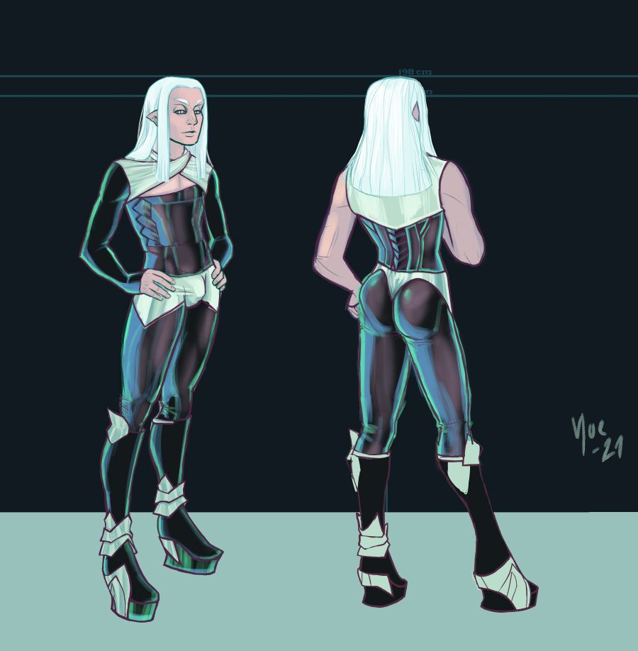 A sexy humanoid man with pale skin, white hair, skin-tight black and mint green latex outfit with futuristic high-heeled boots. Artist: Yoelain 2021