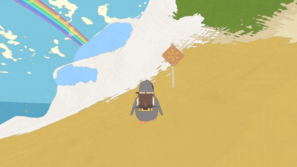 A sign warns the penguin there could be snow ahead.