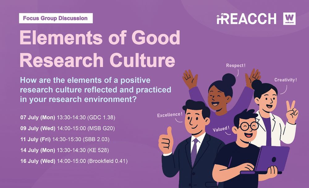 Elements of Good research culture: How are the elements of a positive research culture reflected and practised in your research environment? 

7 Jul, Mon: 13:30-14:30 (GDC 1.38)
9 Jul, Wed 14:00-15:00 (MSB G20)
11 Jul, Fri: 14:30-15:30 (SBB 2.03)
14 Jul, Mon: 13:30;14:30 (KE 528)
16 Jul, We: 14:00-15:00 (Brookfield 0.41)