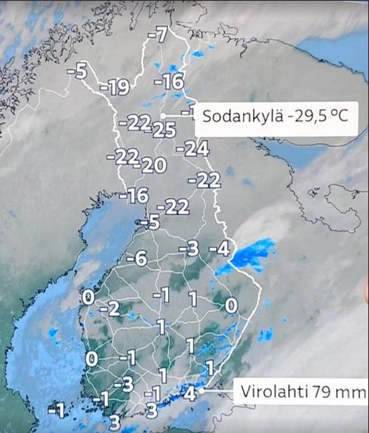 Kartta YLEn säätiedotuksesta 17.11.2025, jossa näkyy marraskuun yhden päivän sade-ennätys Virolahdella 79 mm sekä Sodankylän pakkaslukema -29,5 astetta.