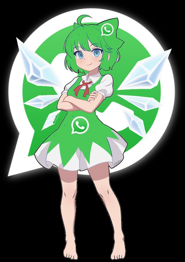 Cirno (the ice fairy from Touhou Project) with a green dress that has a WhatsApp logo on it. There's a large WhatsApp logo behind her too.