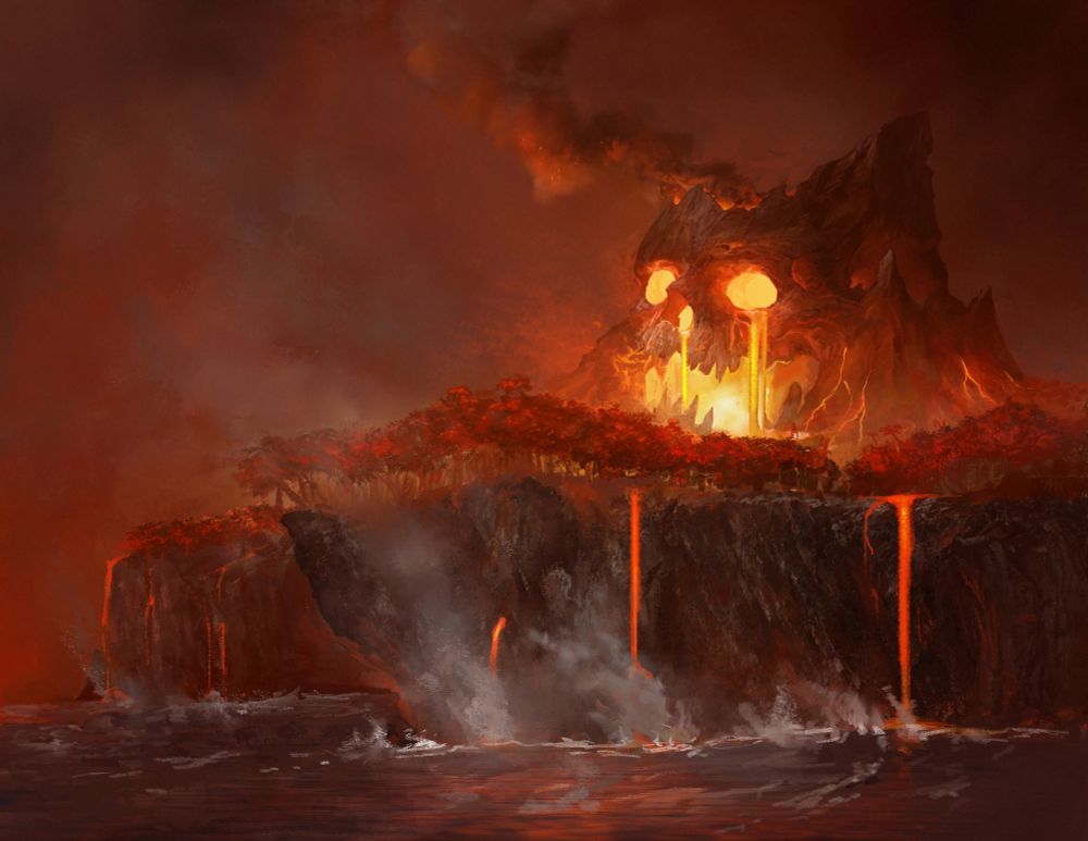 A volcano in the shape of a skull erupts on an island, sending lava pouring into the steaming seas