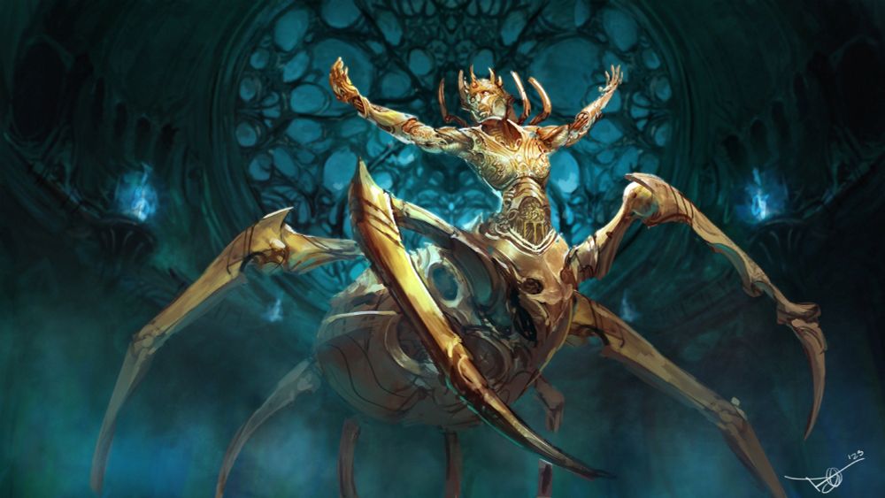 A golden art nouveau-style statue of a drider in an otherwise gloomy gothic cathedral