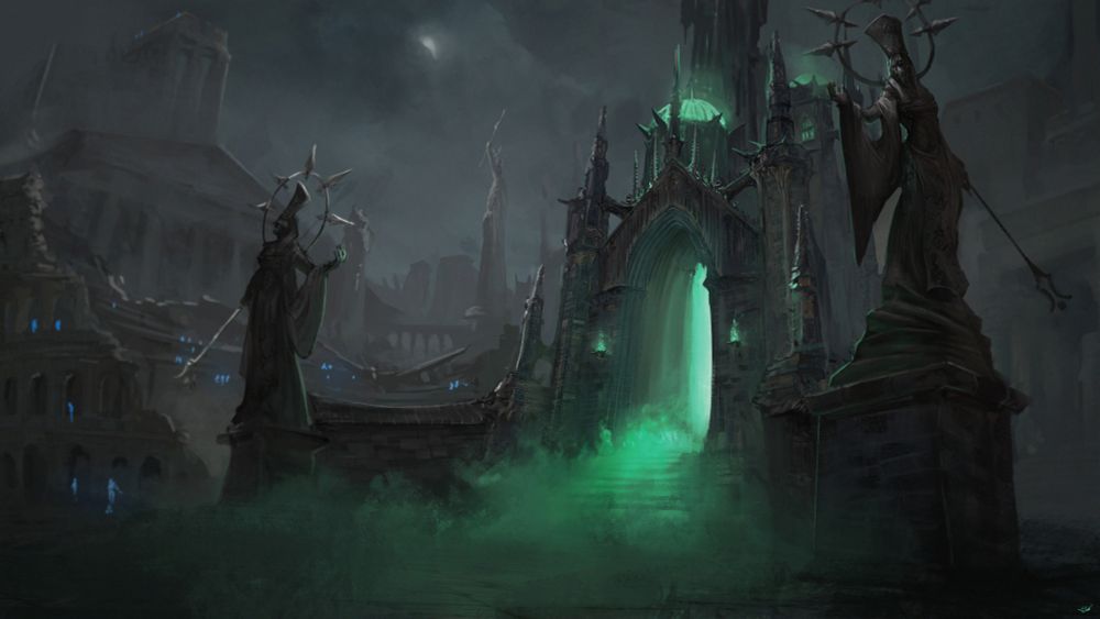 A gothic cathedral rises out of ancient ruins, green sickly smoke pouring from its open glowing doorway.