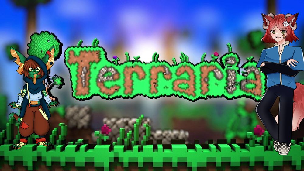 The pixelated Terraria title splash with grass growing from the top, and the lush forest of the overworld in the background and foreground!

To the right is my fullbody PNG, and to the left is Gremmy Lin's: A green gremlin inspired by the design from the movie Gremlins with creme and brown stripped patterns on its skin. It has dark green eyes and brown mid length hair with bangs. Its wearing a deep blue cape with a hood and light blue wrist warmers and sleeveless shirt along with brown baggy trousers with a red patch with suspenders attached. There are bandages wrapped around its feet and hands.