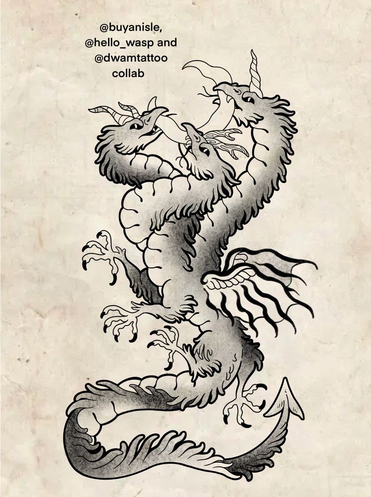Blackwork dragon drawing on vintage paper background. 3 headed dragon eating a wobbly crescent moon.