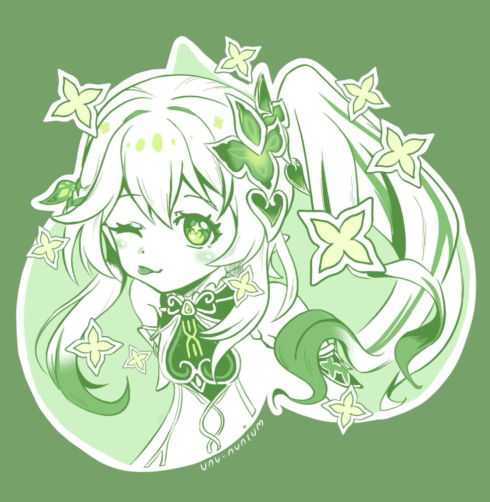 Nadida in a green color palette, playfully sticking her tongue out