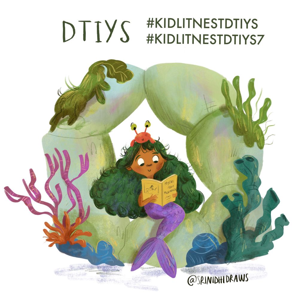Kidlit art of Mermaid reading a book on myth of mermaids 