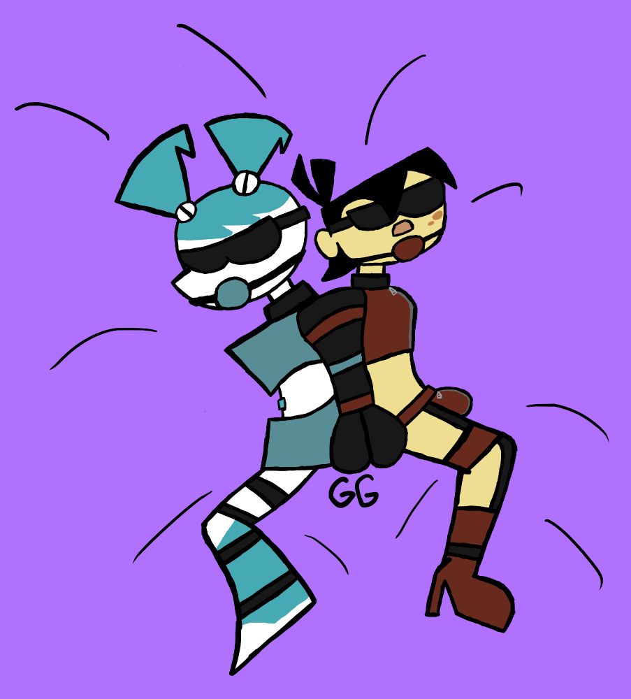 Jenny Wakeman XJ9 and Sheldon Oswald Lee bound, ballgagged and blindfolded together on a bed.
