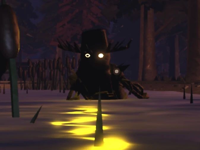 A roblox screensot of a dark figure  with half of it's body in water. Two glowing white eyes are visible.