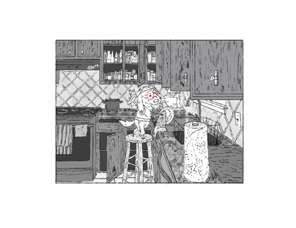* A dog wearing a bandana and red glasses is washing dishes at a sink in the kitchen. The kitchen cabinets appear to be open at various degrees, but the dog doesn't seem to mind.

* You decide it'd be best not to bother the dog while they are focused on their chores.