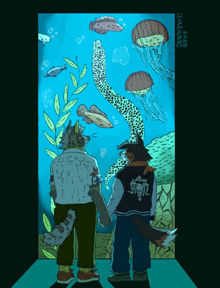 An anthropomorphic striped hyena and collie stand in front of a singular aquarium tank. The striped hyena dons a white collared shirt with olive green pants, yellow socks and orange shoes. The collie is wearing a baggy varsity style jacket, blue jeans and green shoes. They both intertwine hands as they admire the aquarium. Several small and colorful fish swim around, with jellyfish floating about on the right, and a moray eel standing in the middle. Around are leafage and a rock with algae on top of it. The bright light of the aquarium tank shines on to the couple, making everything behind them tinted a deep shade of blue.

On the top right, outside of the aquarium frame is the name, “SENNEHUNDS” with the year “2025” written on top of it.