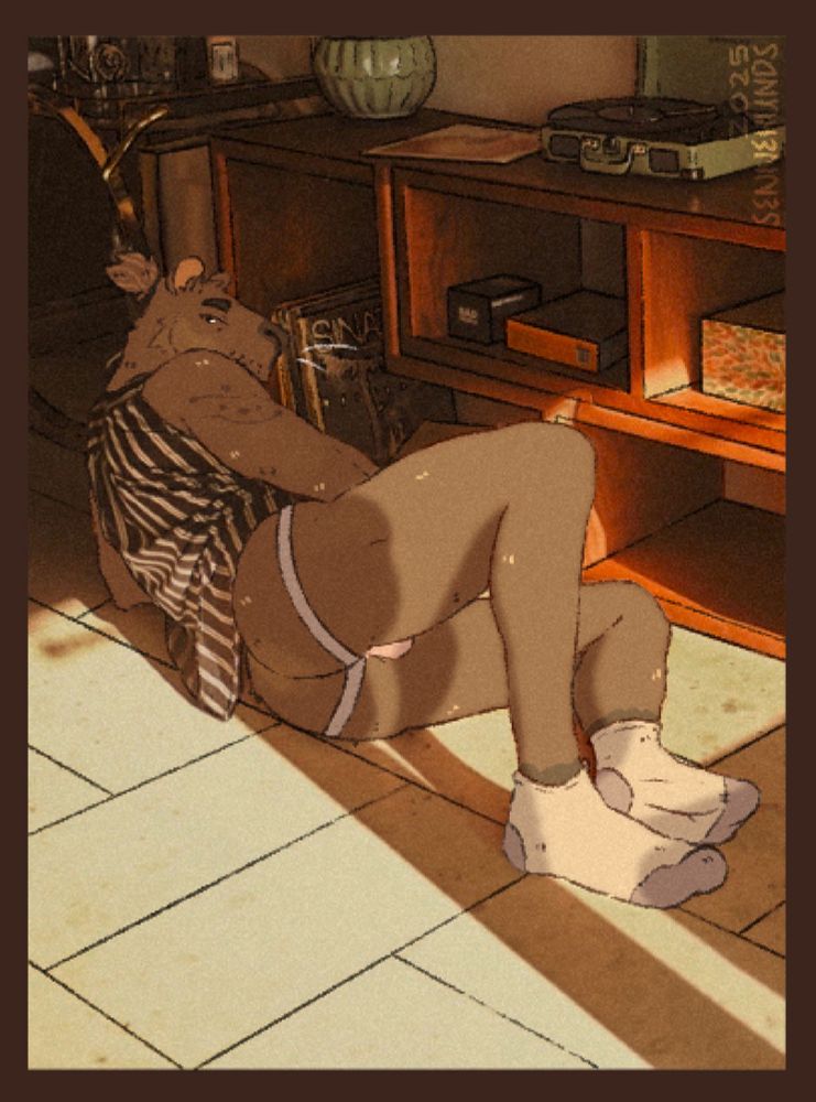 A capybara lay on the floor in a room in front of a cabinet containing multiple vinyls and a record player. The capybara looks away from the viewer, almost looking past them, and dons a wrinkled shirt, a jockstrap, and a pair of socks.