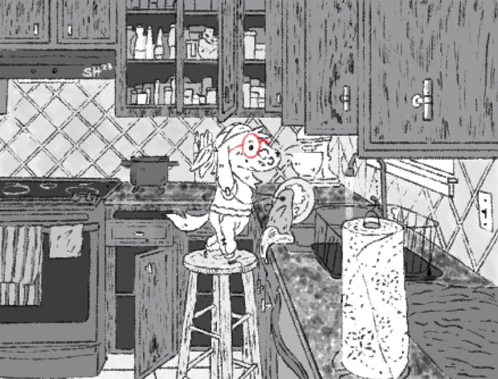 * A dog wearing a bandana and red glasses is washing dishes at a sink in the kitchen. The kitchen cabinets appear to be open at various degrees, but the dog doesn't seem to mind.

* You move closer in the kitchen, but decide it'd be best not to bother the dog while they are focused on their chores.